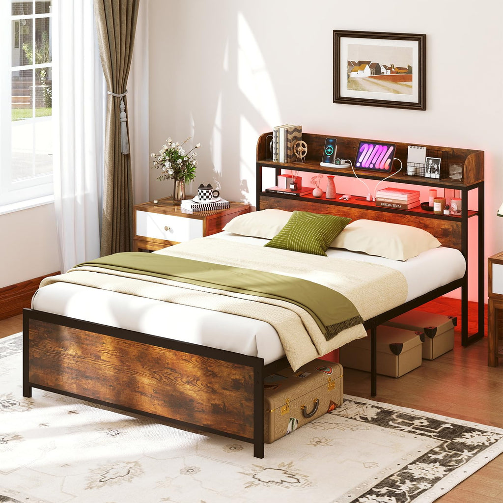 Bed Frame with Storage Headboard, Metal Platform Bed w/LED Light & Charging Station, Heavy Duty Slat