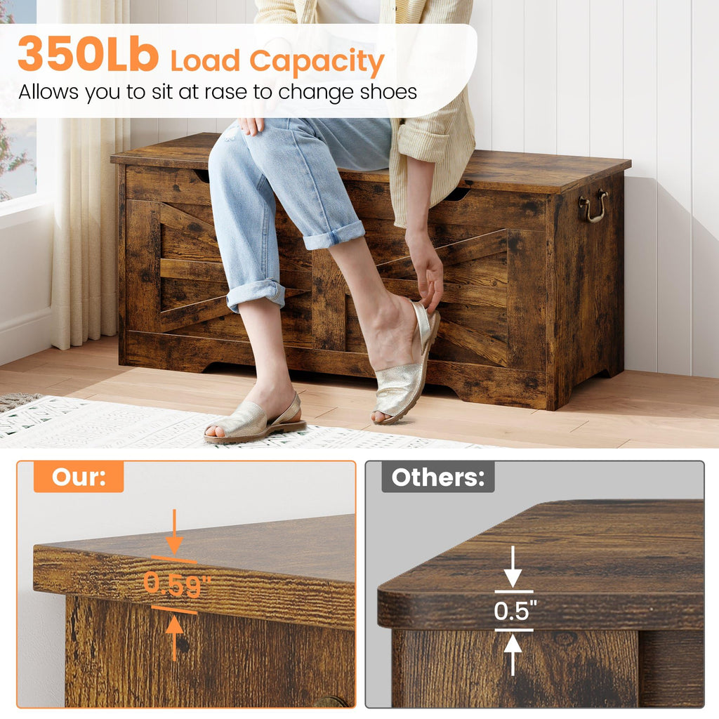 39.4" Storage Chest, Wooden Storage Bench with Safety Hinge, Retro Blanket Storage Trunk, Supports 350 lb, Rustic