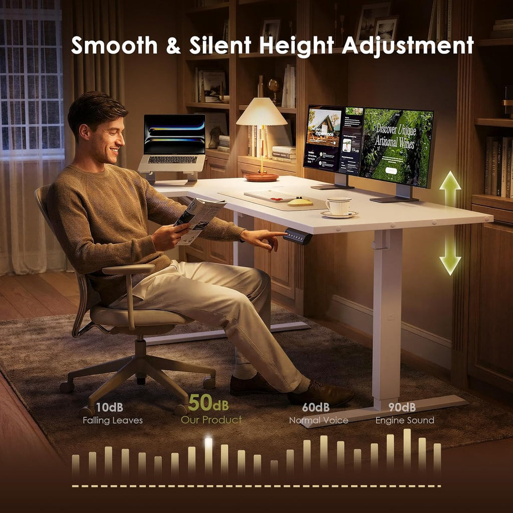 55 Inch Reversible L Shaped Electric Standing Desk, White | Corner Height Adjustable Computer Table, Stand Up Desk