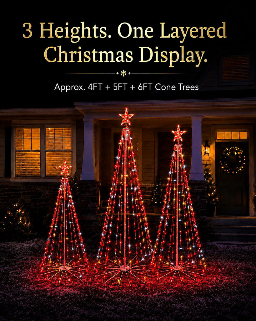 3-Piece Smart Outdoor Christmas Cone Tree Lights, 4FT 5FT 6FT
