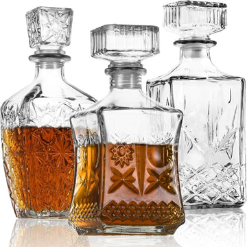 Whiskey Decanter, Glass Alcohol Bottle Gift for Men, Dad - Set of 3