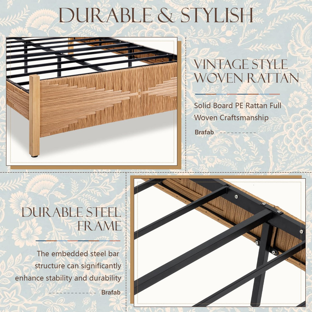 King Size Rattan Bed Frame, Boho Wicker Headboard, Natural Oak