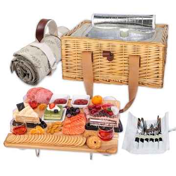 Wicker Picnic Basket for 4 with Mini Folding Wine Picnic Table & Large Insulated Cooler Bag & Cutlery Service Kits