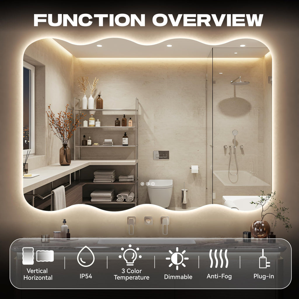 40"x32" Wavy Mirror with Lights Frameless Backlit LED Wall Mirror