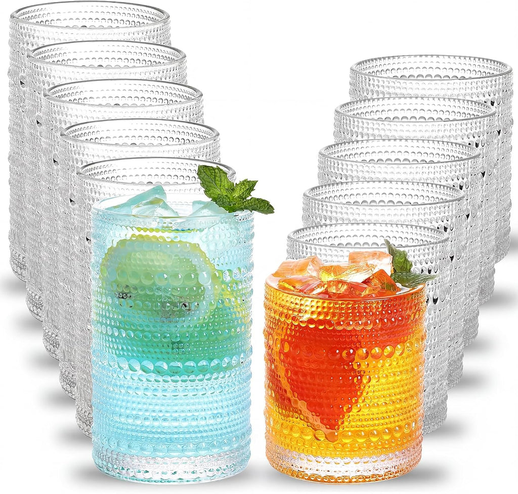 Hobnail Drinking Glasses Set of 12, 12 Oz Highball Glasses & 10 Oz Cocktail Glasses, Clear Embossed Boho Glass Cups
