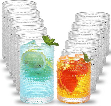Hobnail Drinking Glasses Set of 12, 12 Oz Highball Glasses & 10 Oz Cocktail Glasses, Clear Embossed Boho Glass Cups