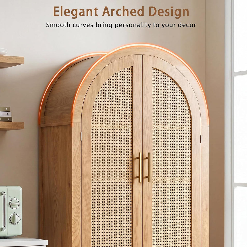 71" Tall Arched Rattan Storage Cabinet with 4 Doors & Adjustable Shelves, Farmhouse Freestanding Cupboard with