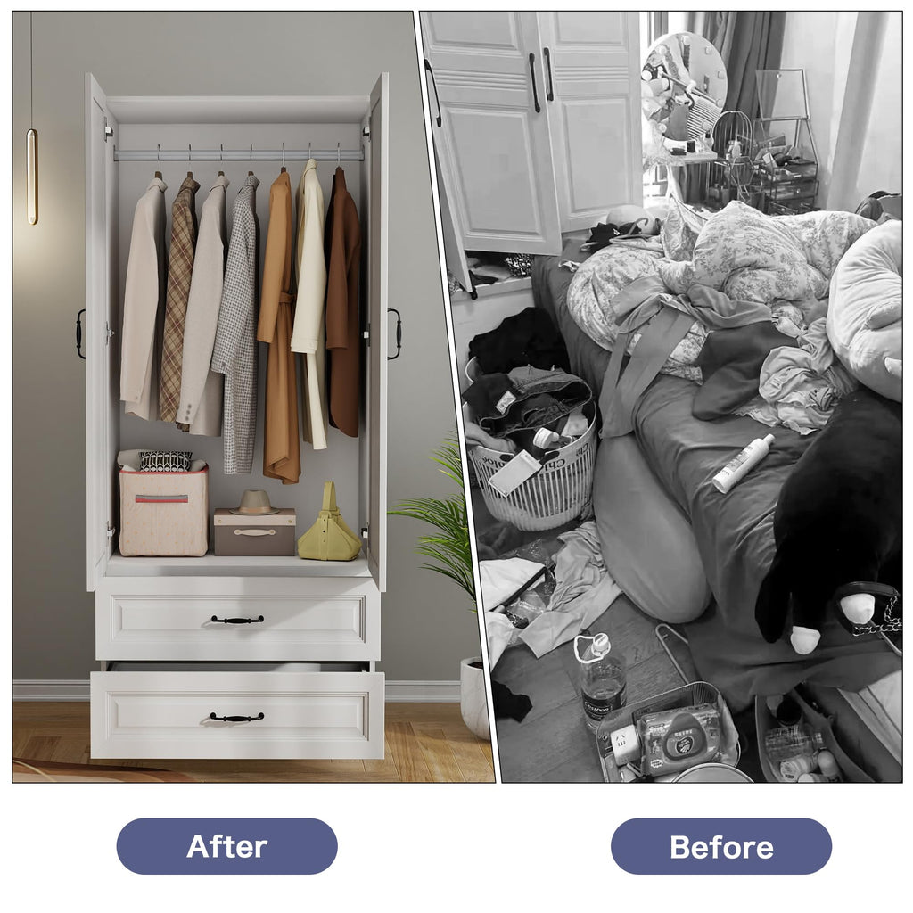 White Wardrobe Closet with 4 Drawers and 4 Doors, 75" H x 63" W
