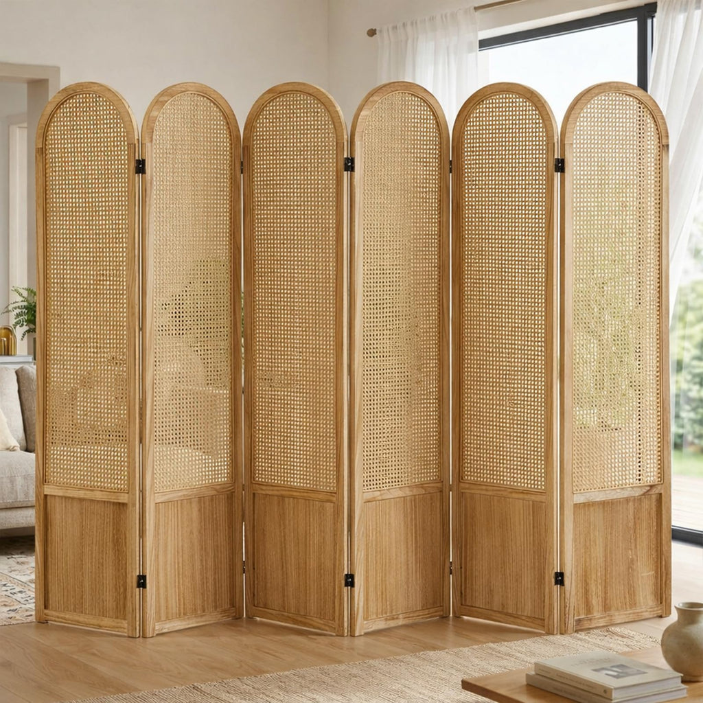 6 Panel Rattan Room Divider Screen, Boho Folding Privacy Screen
