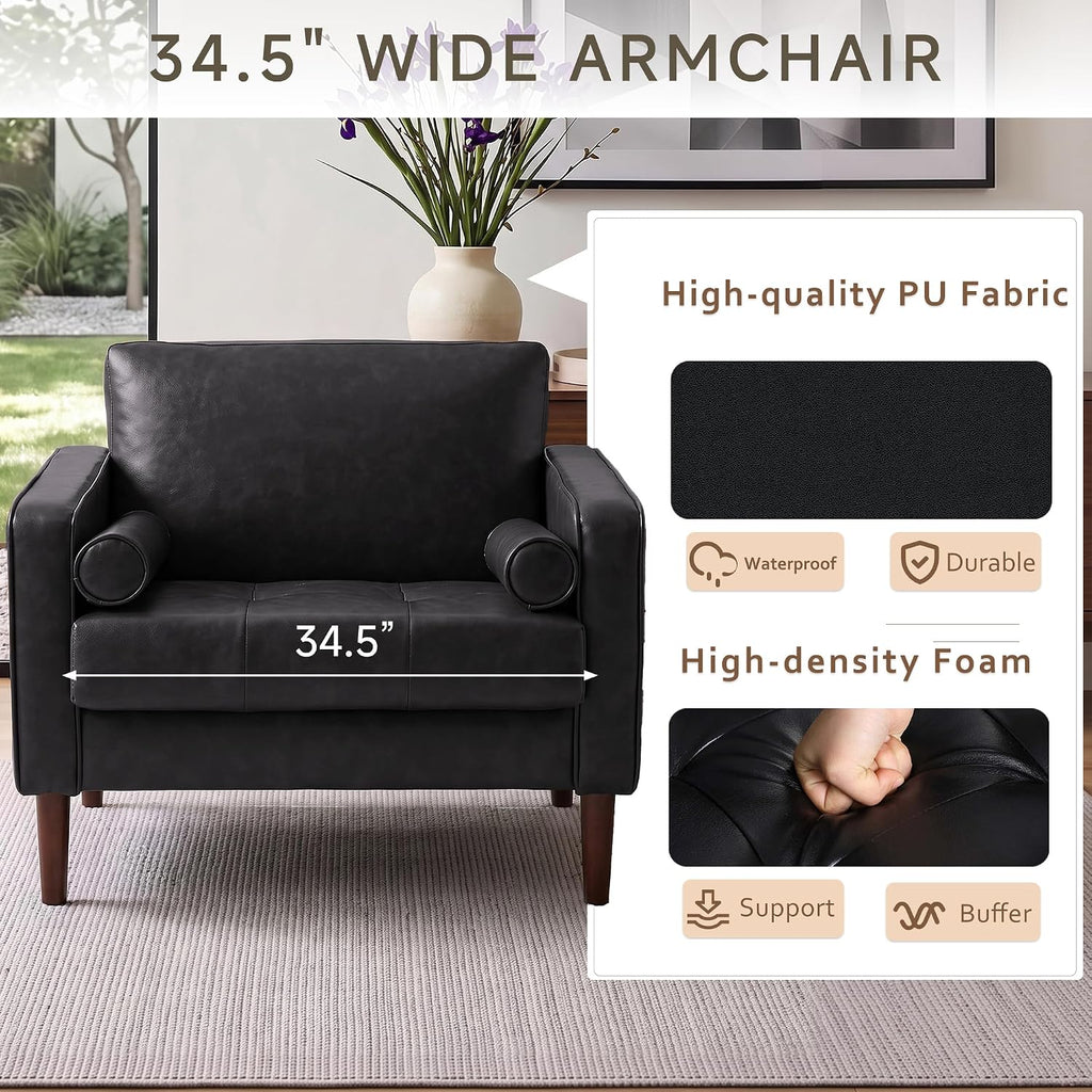 34.5" Arm Chair, Modern Faux Leather Accent Chair, Black