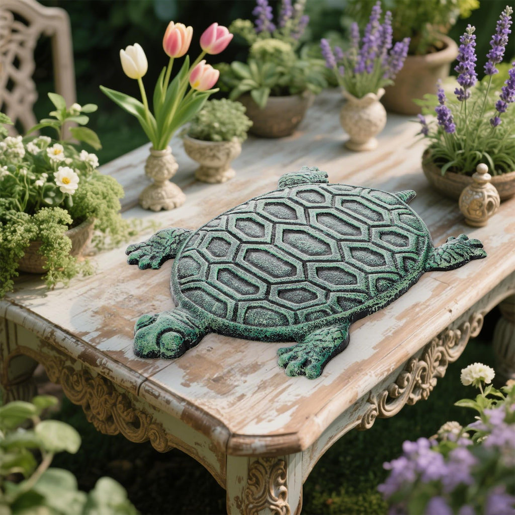 Cast Iron Turtle Stepping Stone, Sturdy Metal Stepping Mat for Front Door, Garden, Lawn and Yard, Verdigris Tortoise