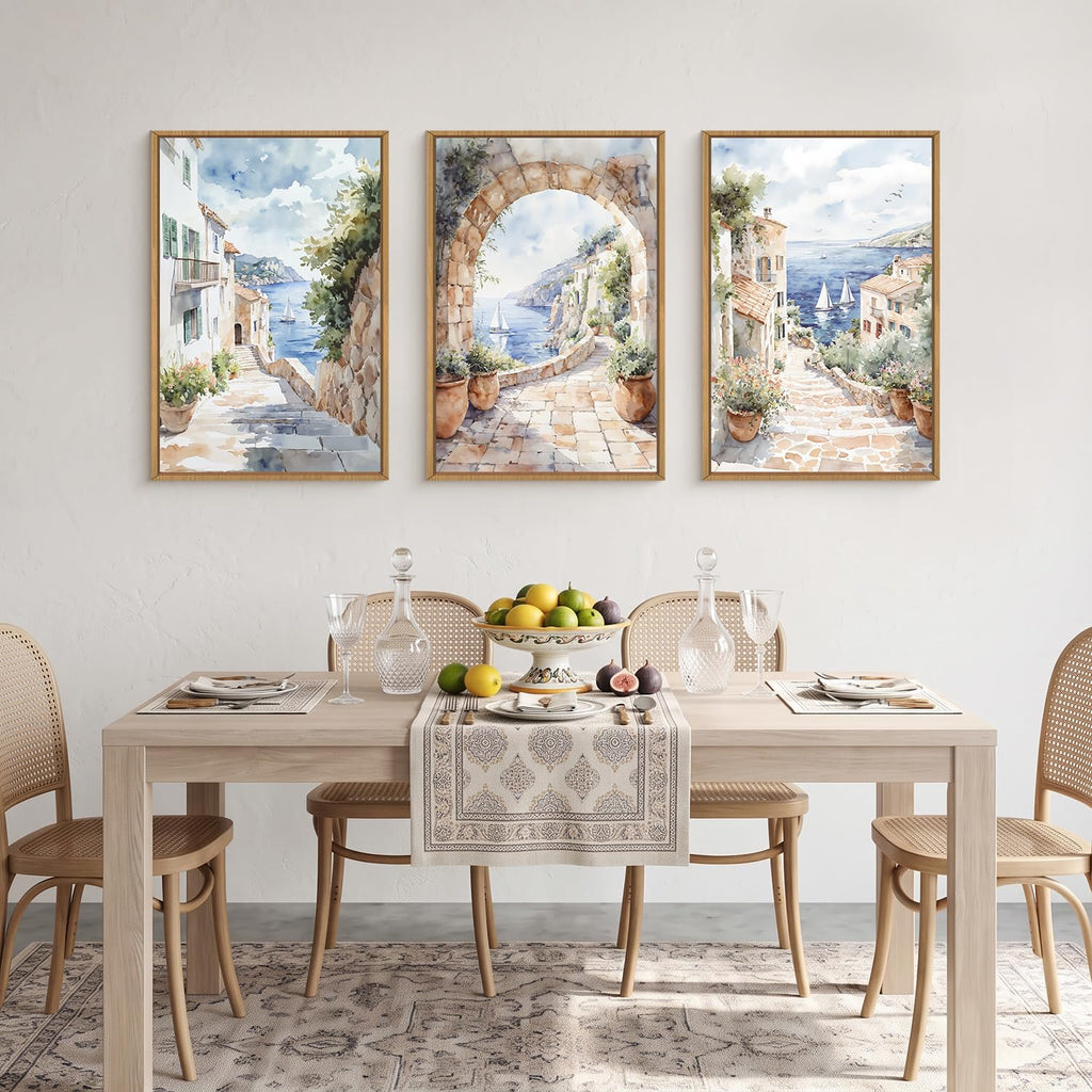 Watercolor Italy Coast Framed Canvas Wall Art, Modern Europe Countryside Wall Decor, Seascape Painting, Neutral