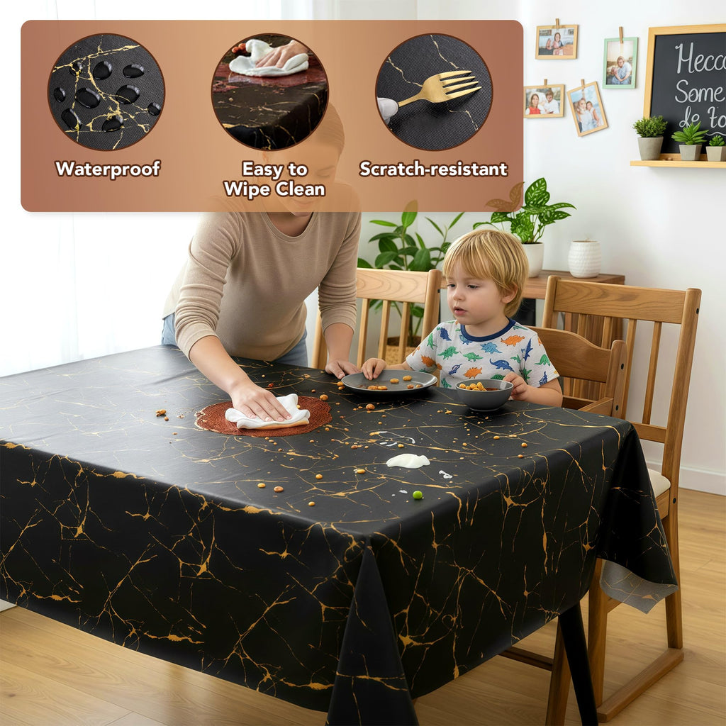 100% Waterproof Vinyl Tablecloth 54x78 Inch Rectangle, Black Marble