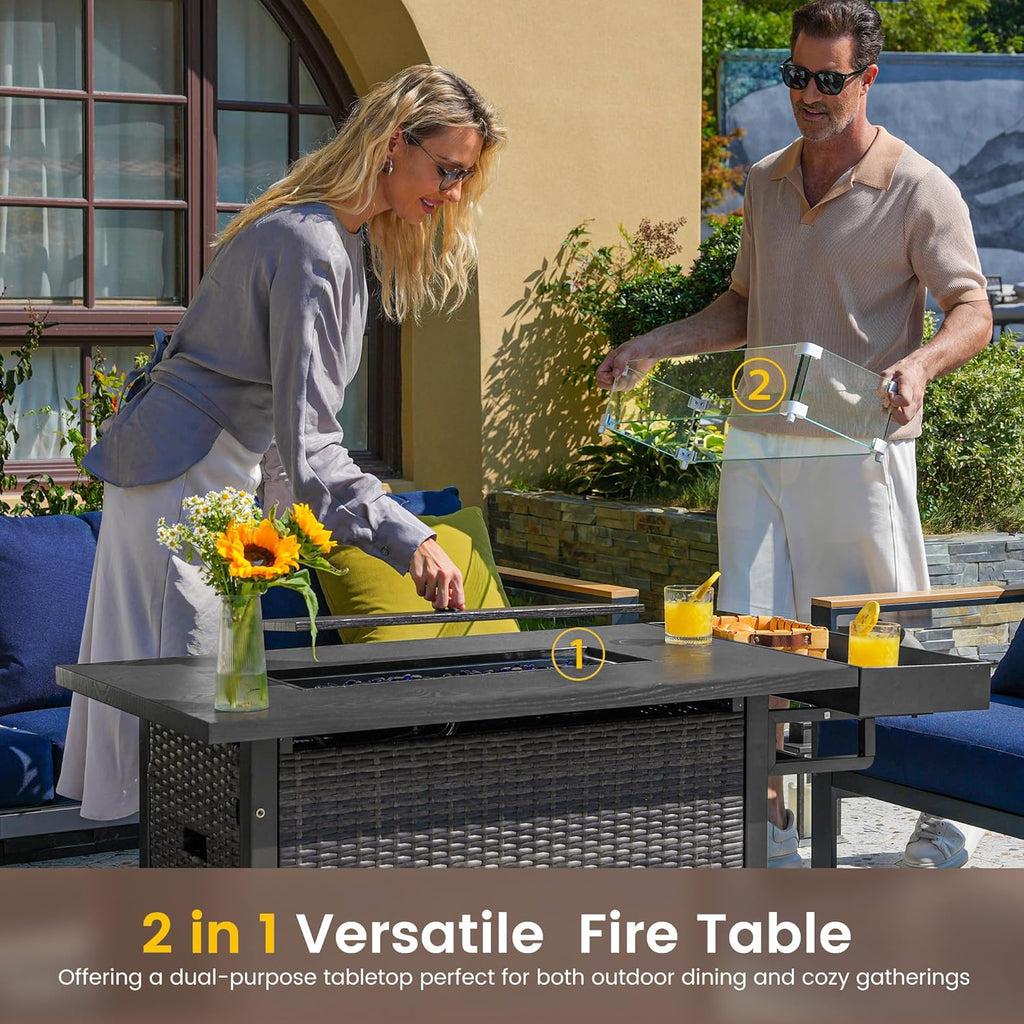52 Inch Outdoor Fire Pit Table, 50,000 BTU Propane Fire Table with Storage Shelf, Glass Wind Guard and Lid