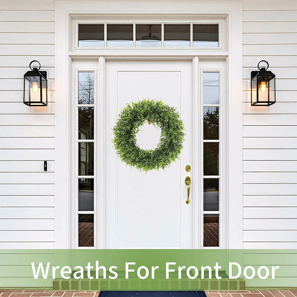 22inch Artificial Boxwood Wreath for Front Door, Spring Summer Wreath Faux Greenery Leaves Wreath for Front Door Wall