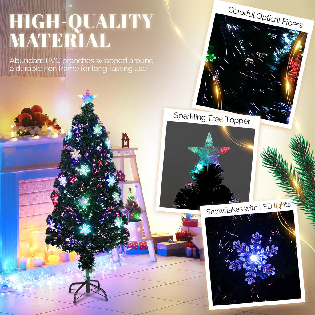 4ft Pre-lit Fiber Optic Artificial Christmas Tree w/Multicolor LED Lights, Snowflakes & Top Star, Small Xmas Tree