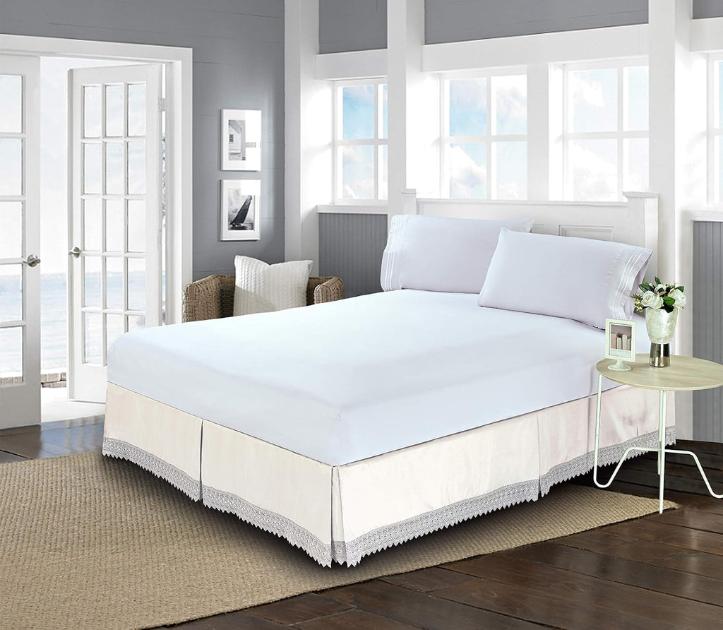 Silky-Soft Luxury Lace Fringe Dust Ruffle/Bed Skirt Microfiber Platform Wrinkle and Fade Resistant with 15inch Drop