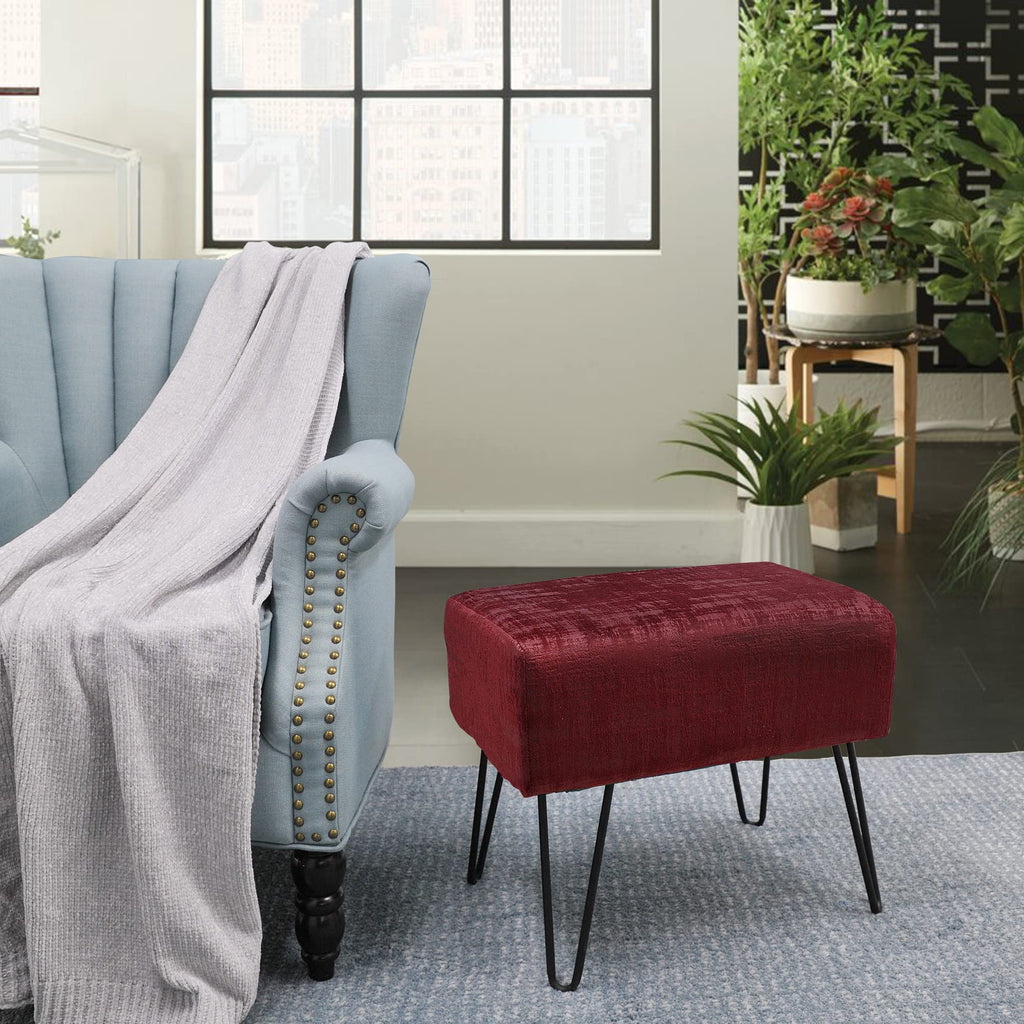 Burgundy Velvet Tufted Ottoman 19.5"x12.5"x17"H Entryway Bench Furry Makeup Stool Wine Red Foot Rest Stool Bedroom
