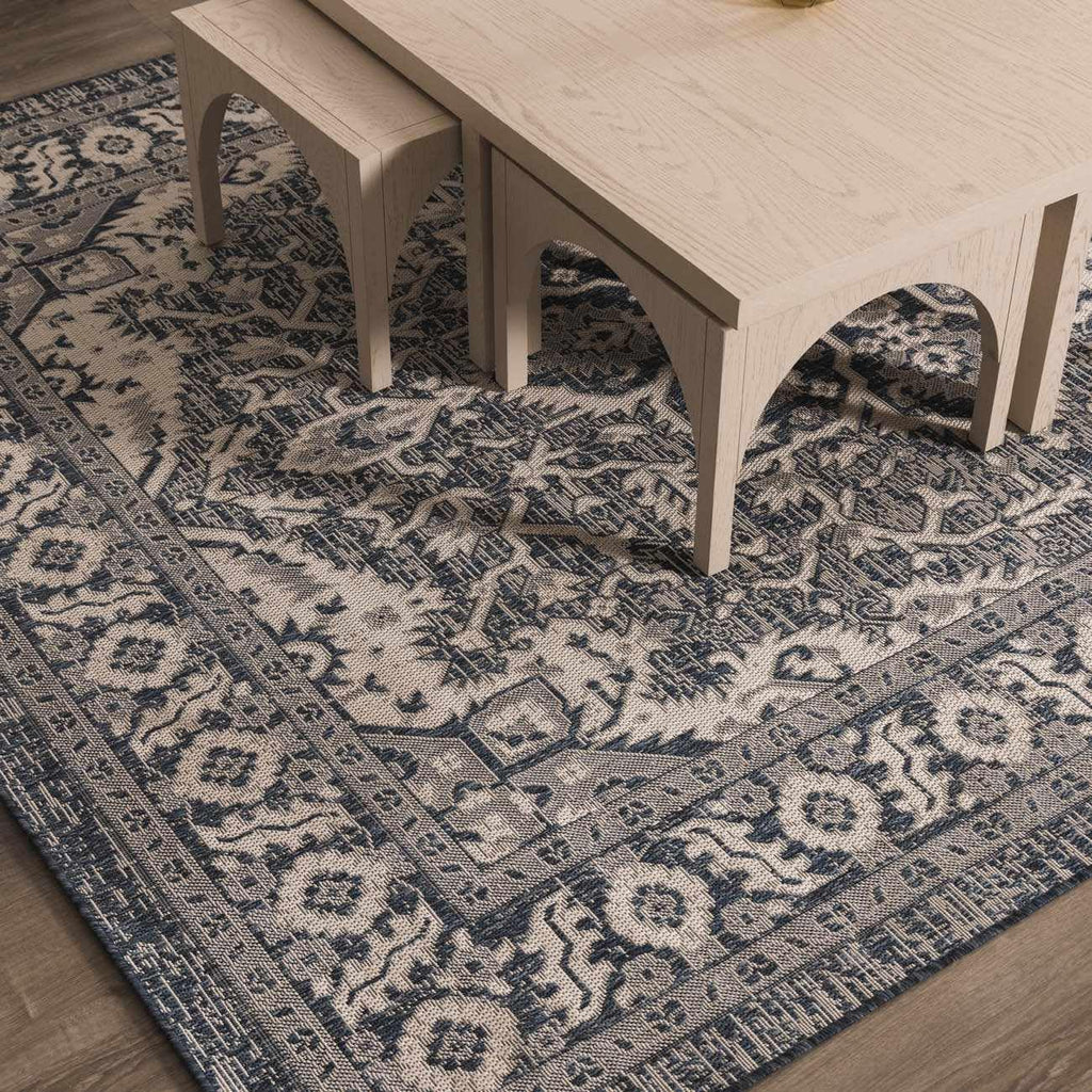 Etoile Living Room, Bedroom Patio Outdoor Area Rug - Medallion Border Floral Geometric Distressed - Traditional