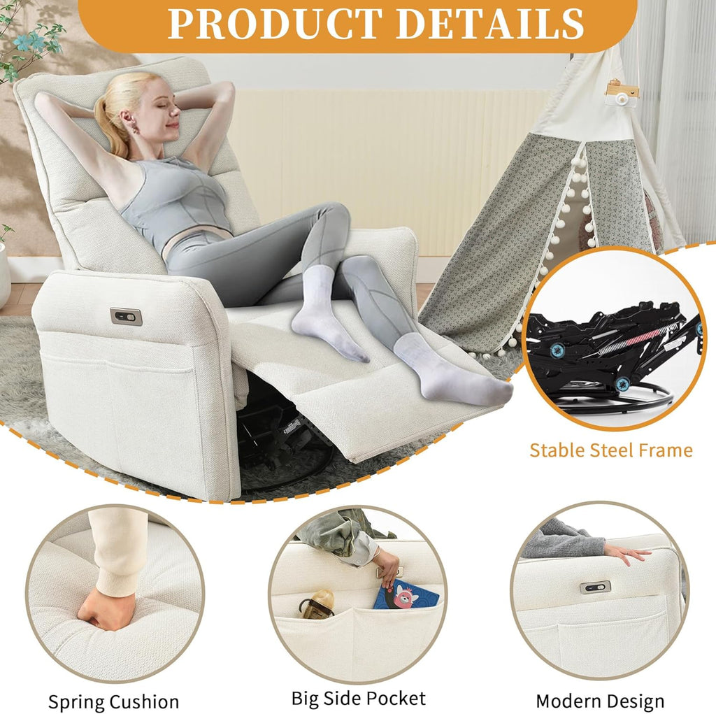 Power Swivel Rocker Recliner Chair , Upholstered Snowflake Velvet 270°Swivel Glider Rocker Chair with USB Ports