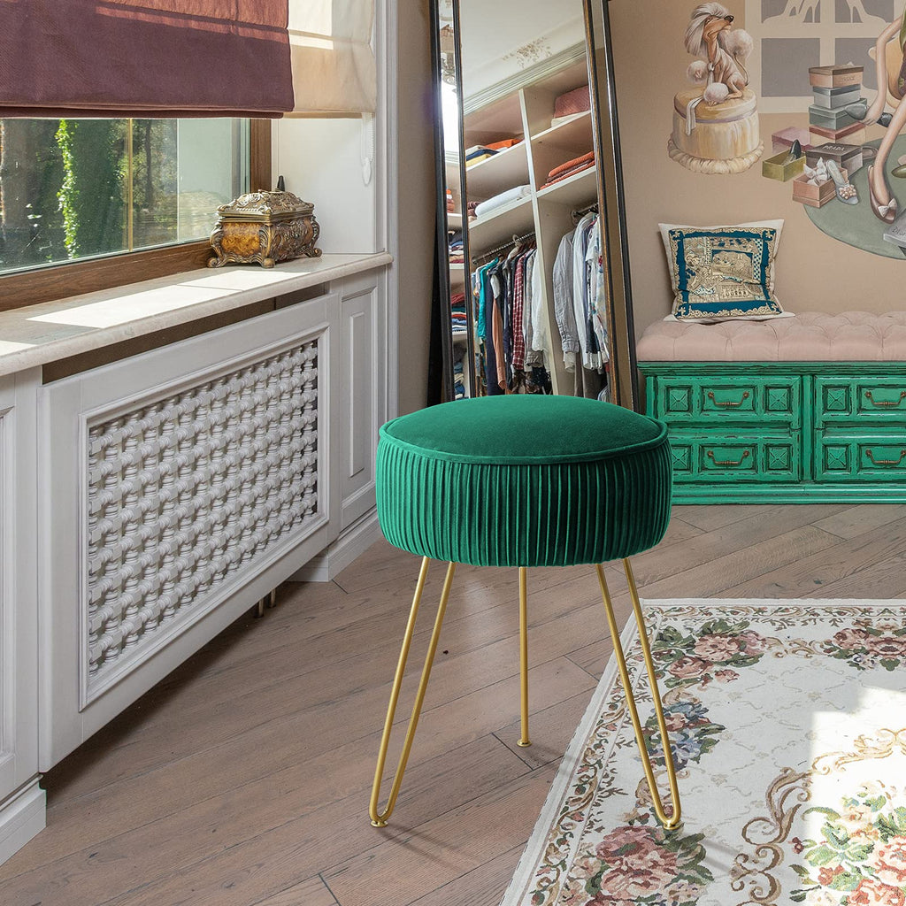 Pleated Vanity Stool, Velvet Upholstered for Makeup Room, Round Mondern Stool for Vanity, Ottoman Footrest with Metal