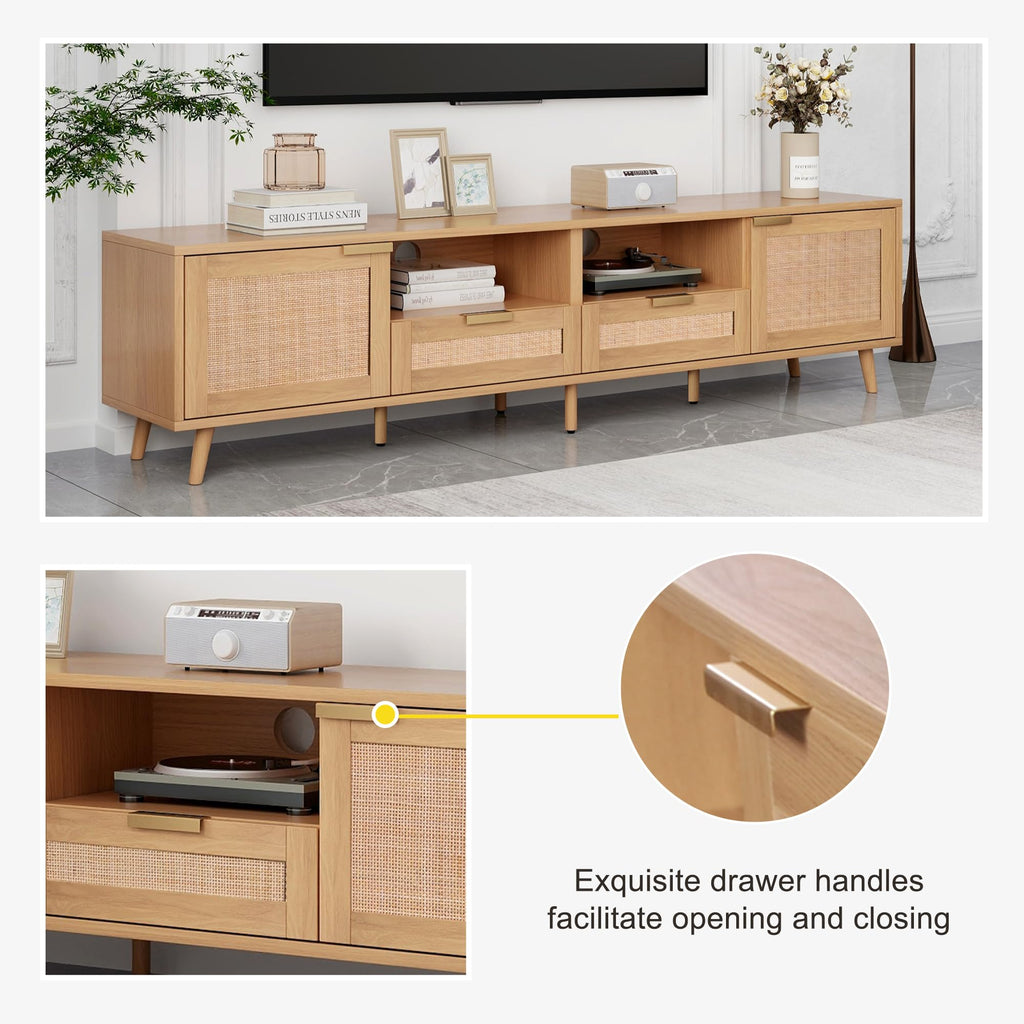Rattan TV Stand for 85''+ TV, Mid Century Modern Entertainment Center with Rattan Decor Doors, Wood TV Console with 2