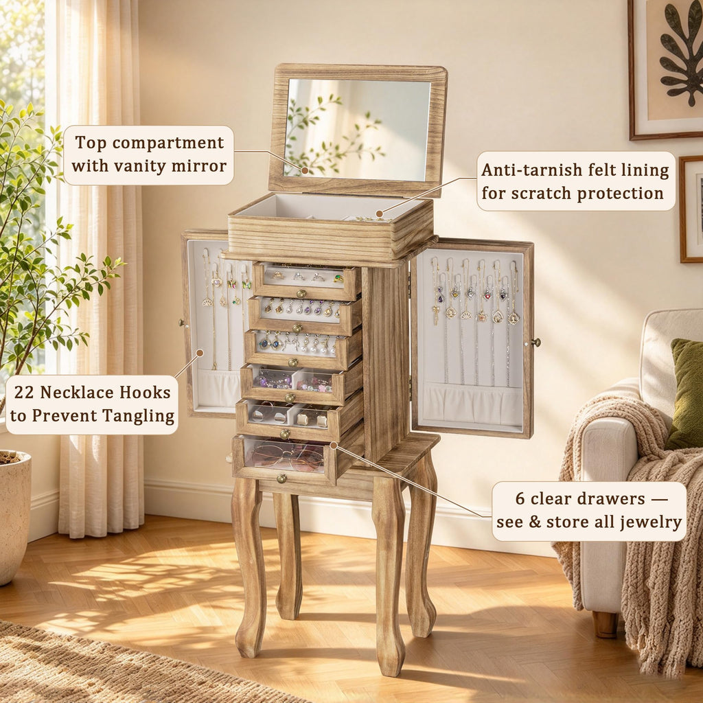 Standing Jewelry Armoire for Women, 7 Drawers & 2 Side Doors
