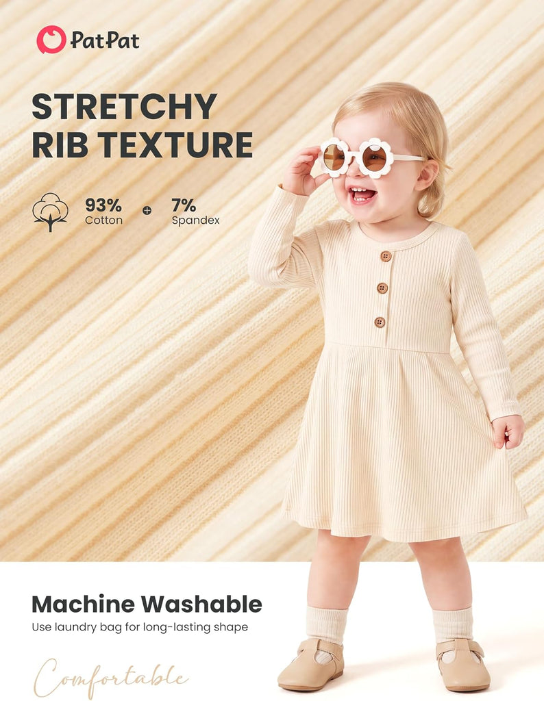 Baby Toddler Ribbed Button Knit Cotton Dress Long Sleeve 3M