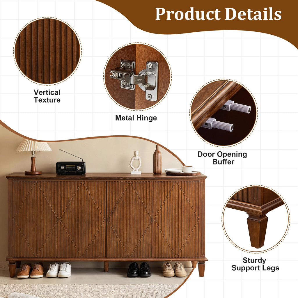 58" Walnut Veneer Sideboard Cabinet, Buffet Cabinet with Storage