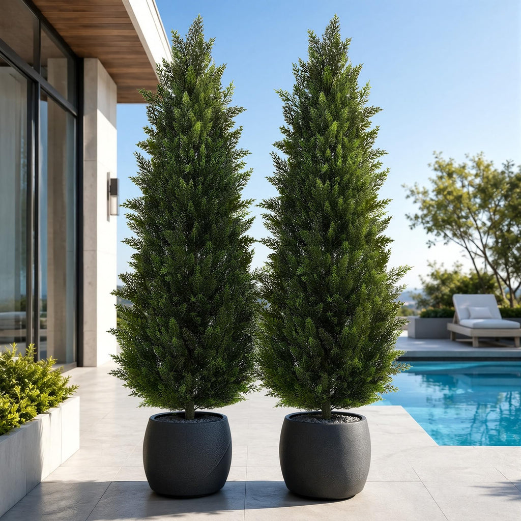 Artificial Topiary Cedar Trees 6FT Tall 2 Set, Outdoor Indoor Faux Pine Shrubs Plants, Realistic Fake Plants Front