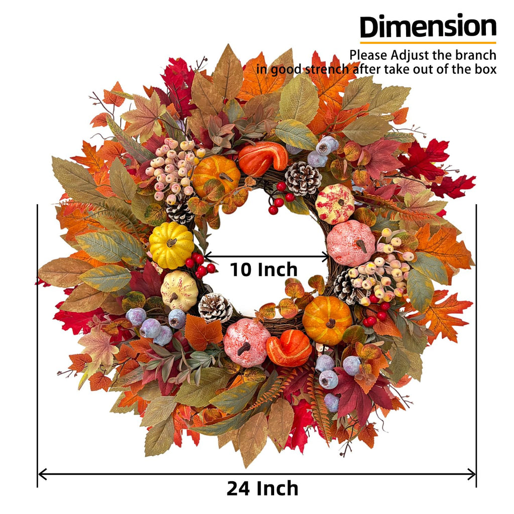 24In Fall Wreath Pumpkin Maple Berry Front Door Thanksgiving Decor