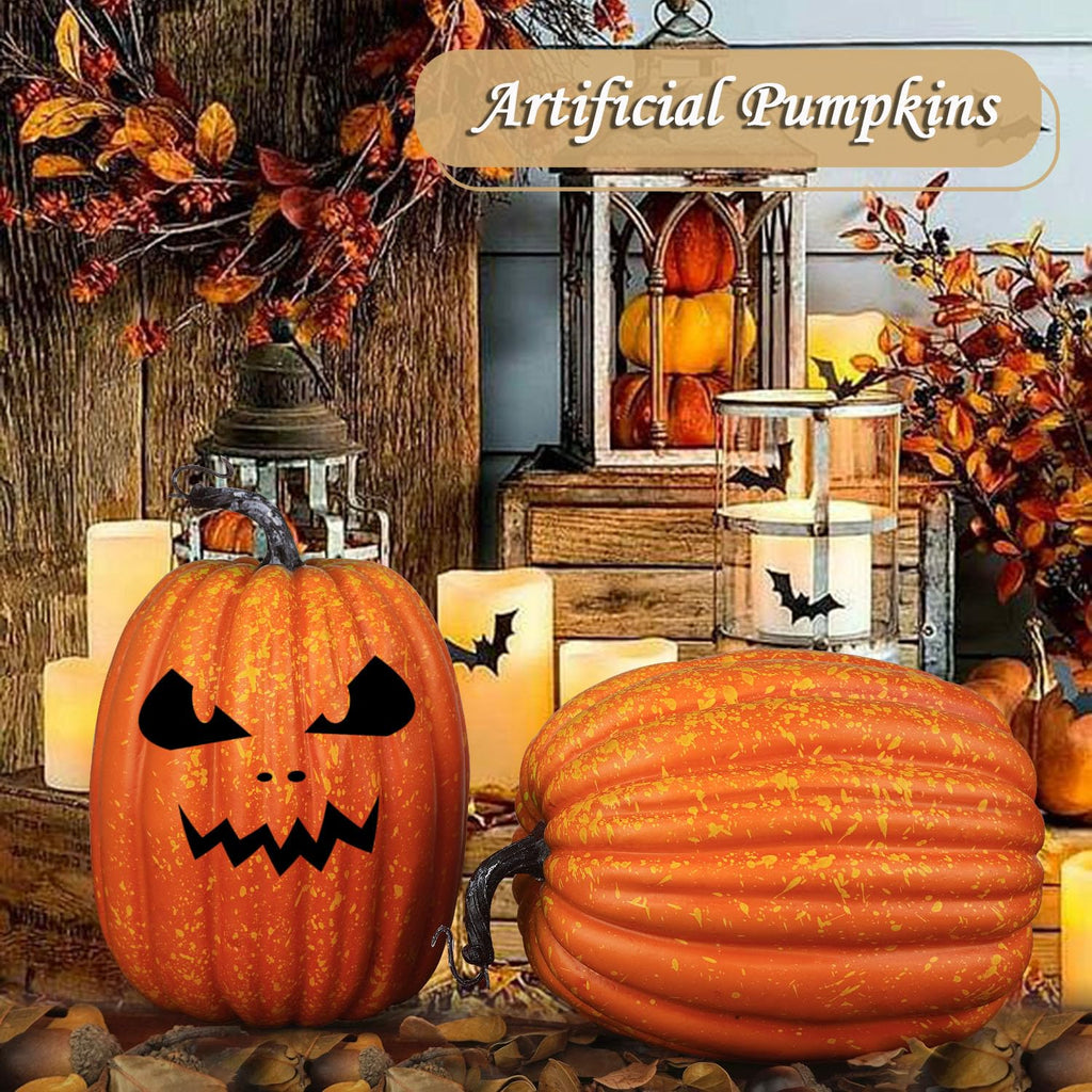 8 Inch Large Artificial Pumpkins, 2PCS Big Orange Drawing Line Faux Foam Harvest Pumpkins for Fall Thanksgiving