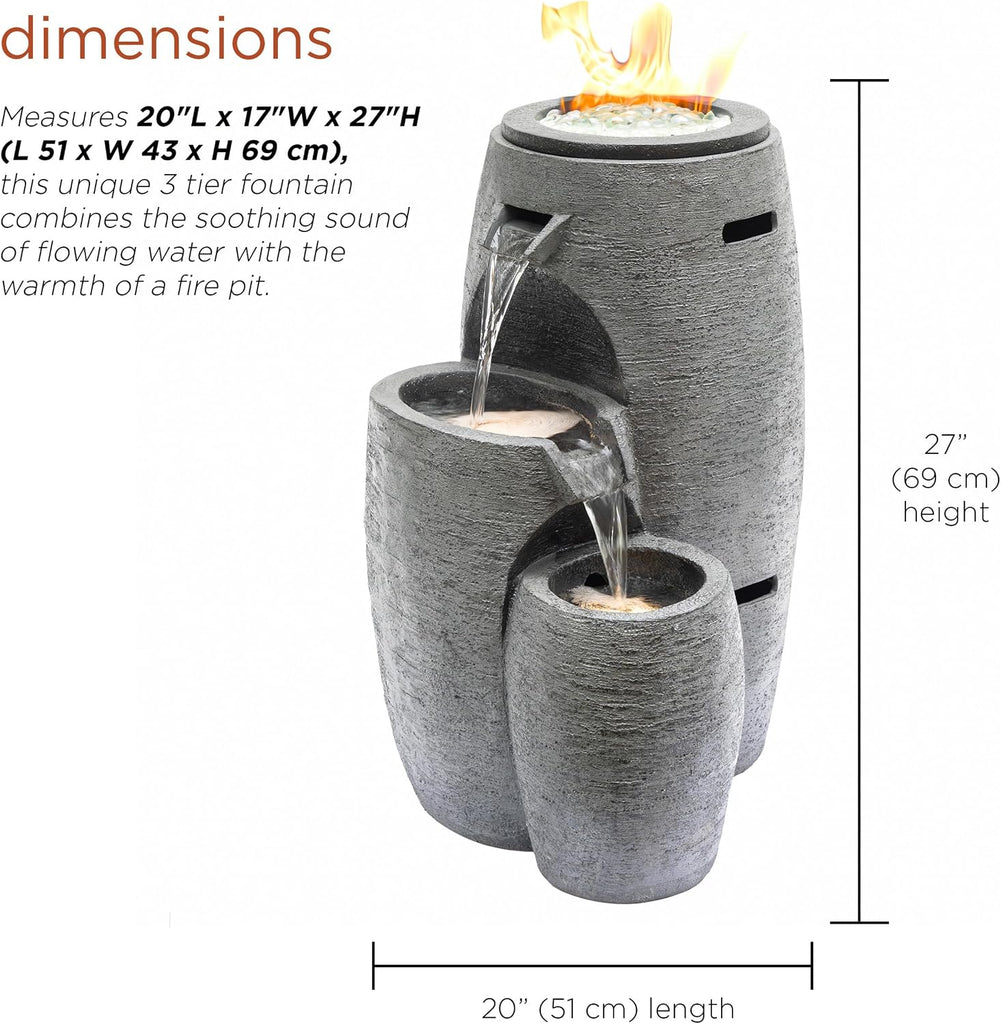 Outdoor Cascading Look 3 Tiered Fire and Water Fountain with Adjustable Flame and LED Lights, 27" Tall, Gray
