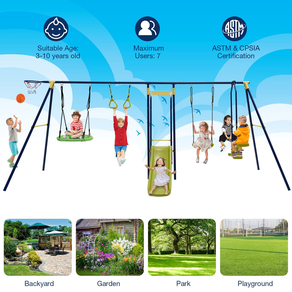7-in-1 Swing Sets for Backyard, 660lbs Metal Playground Set w/Slide
