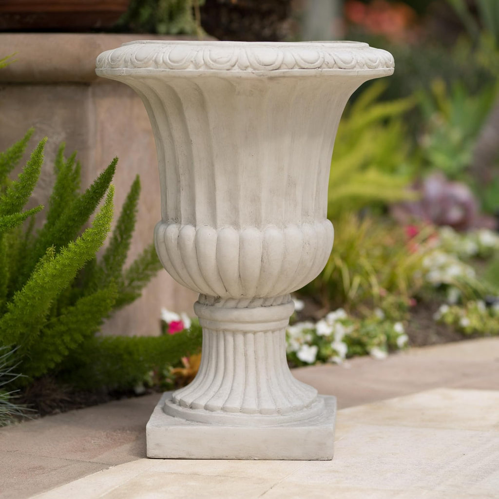 Large Urn Planter Outdoor 26.5" - Antique White Italian Garden Urn Flower Pot, Magnesium Oxide Pedestal Planters for