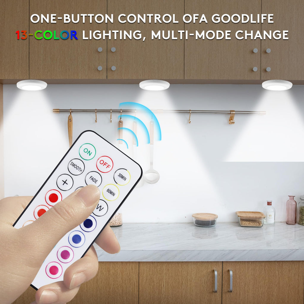LED Puck Lights - 13 Color RGB, Wireless Remote Control, Battery Powered, Perfect for Under Cabinet & Counter