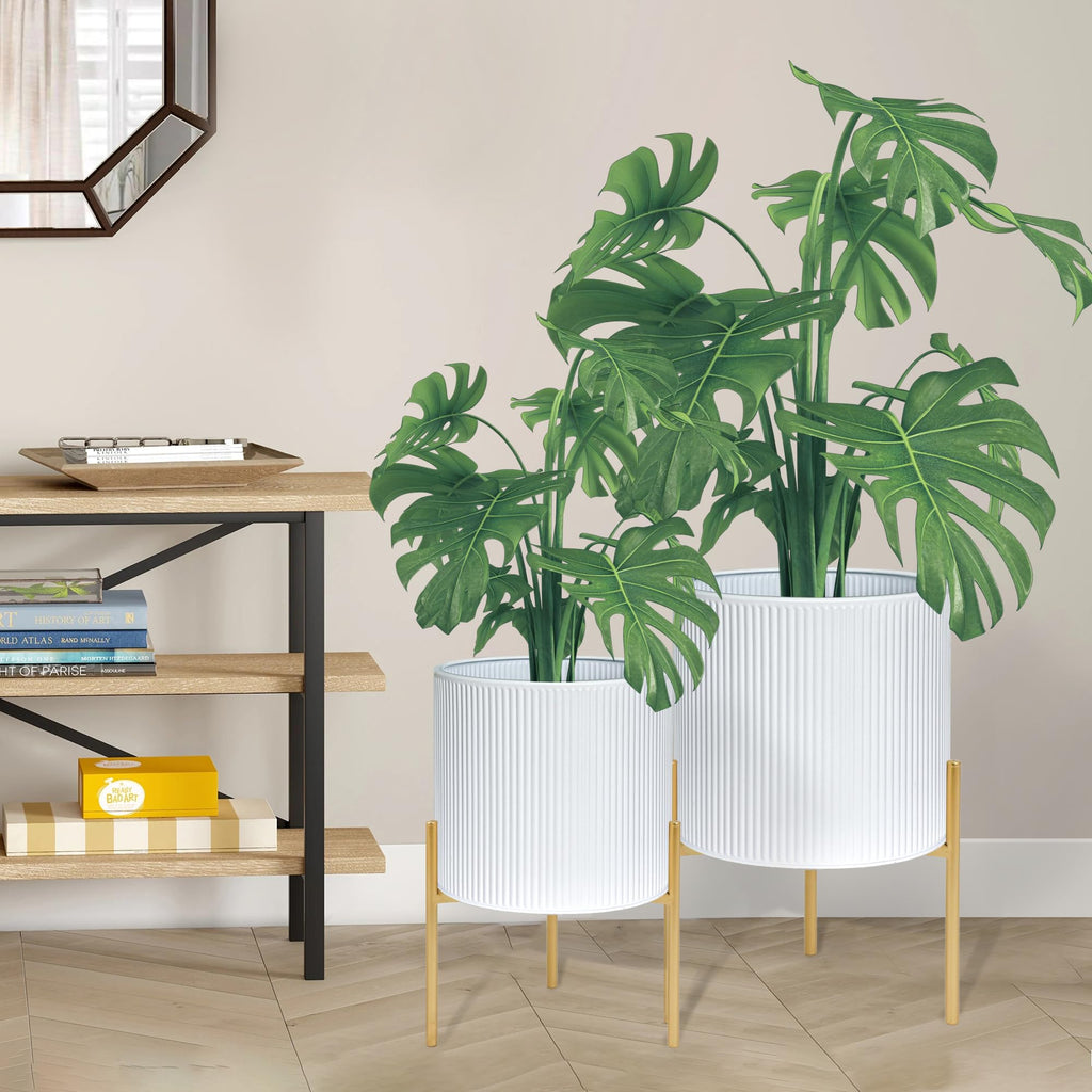 Modern Plant Pots, Set of 2 Round Large Planters with Stand, Large Size Metal Pots with Drainage Holes, Garden or