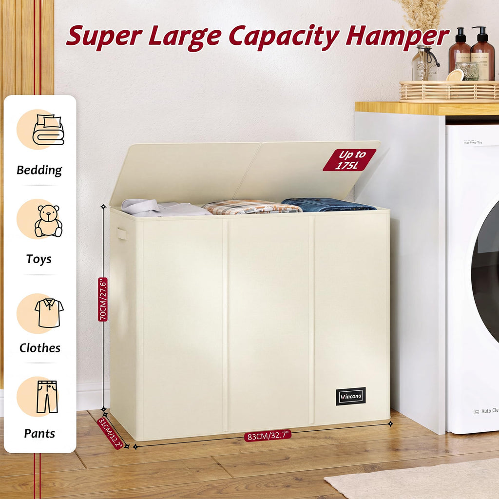 175L Laundry Hamper 3 Section,Large Laundry Hamper with Lid,Dirty Clothes Hamper with 3 Inner Bags,Collapsible