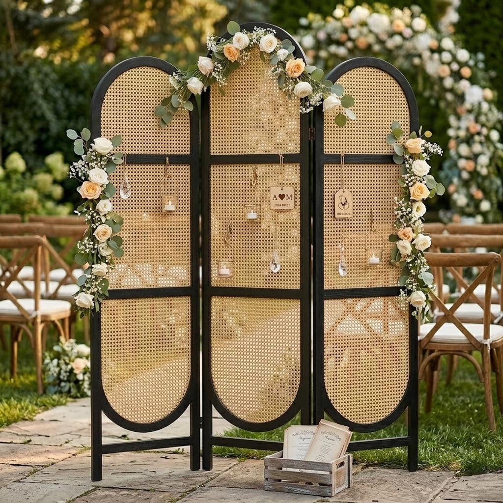 3 Panel Rattan Room Divider Screen, Boho Folding Privacy Screen