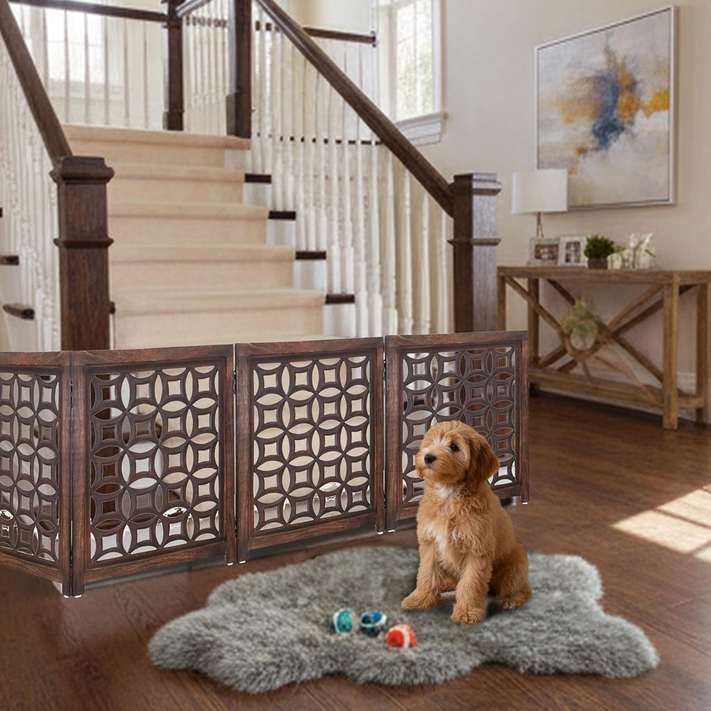 Wooden Foldable Pet Dog Gate - Hand Carved 4-Panel 80 W x 24 H