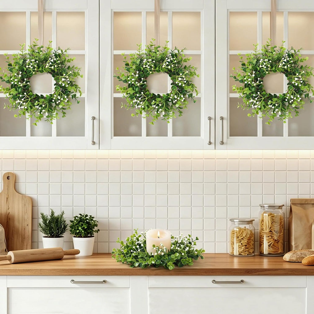 Mini Boxwood Wreath Green Candle Ring Wreaths, Style-03 - Set of 4