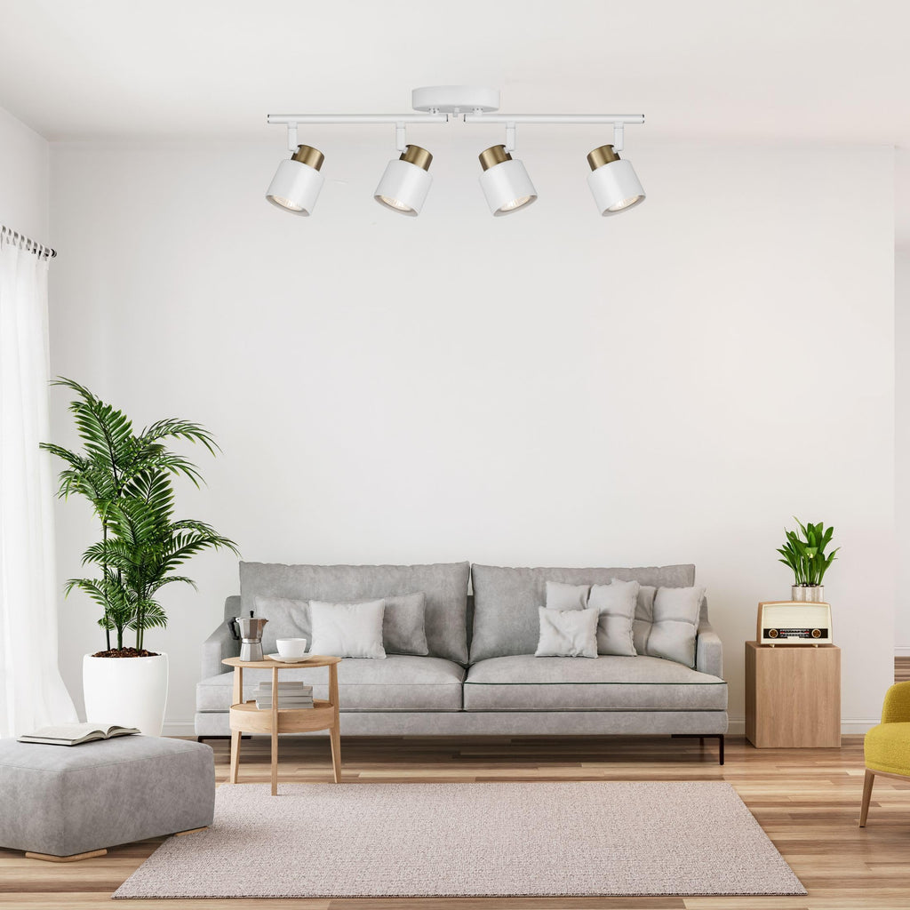 4 Light Track Lighting Kit, Matte White Brass Finish Adjustable with Modern Flush Mount Ceiling Spotlight