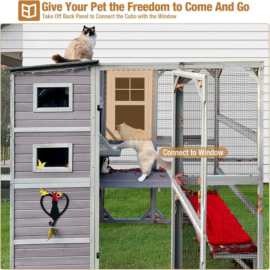 76.8 Inches Large Wood Catio, Catio Outdoor Cat Enclosure Large Walk in Cat Cage with 3 Platforms and 2 Resting Houses