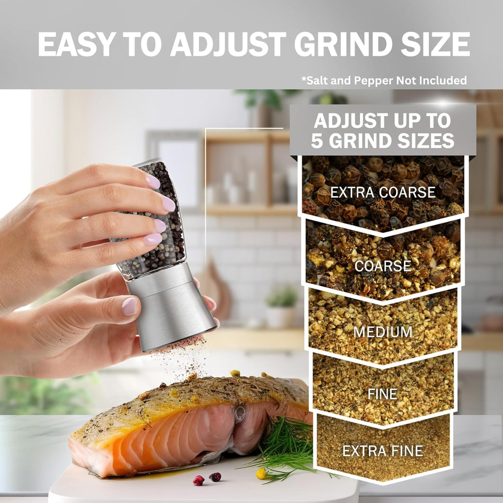 Original Stainless Steel Sea Salt and Pepper Grinder - Adjustable Ceramic - Glass Salt and Pepper Shakers - Set of 2