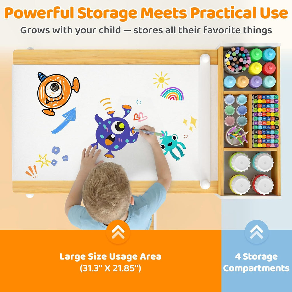 Kids Art Table and Chairs, Wooden Kids Craft Table and Chairs with Storage Bins and Paper Roll, Toddler Activity Play