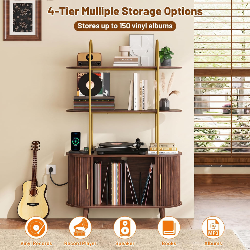 Tall Record Player Stand with Charging Station, 3 Tier Arched Shelf & Vinyl Record Storage Cabinet, Mid Century