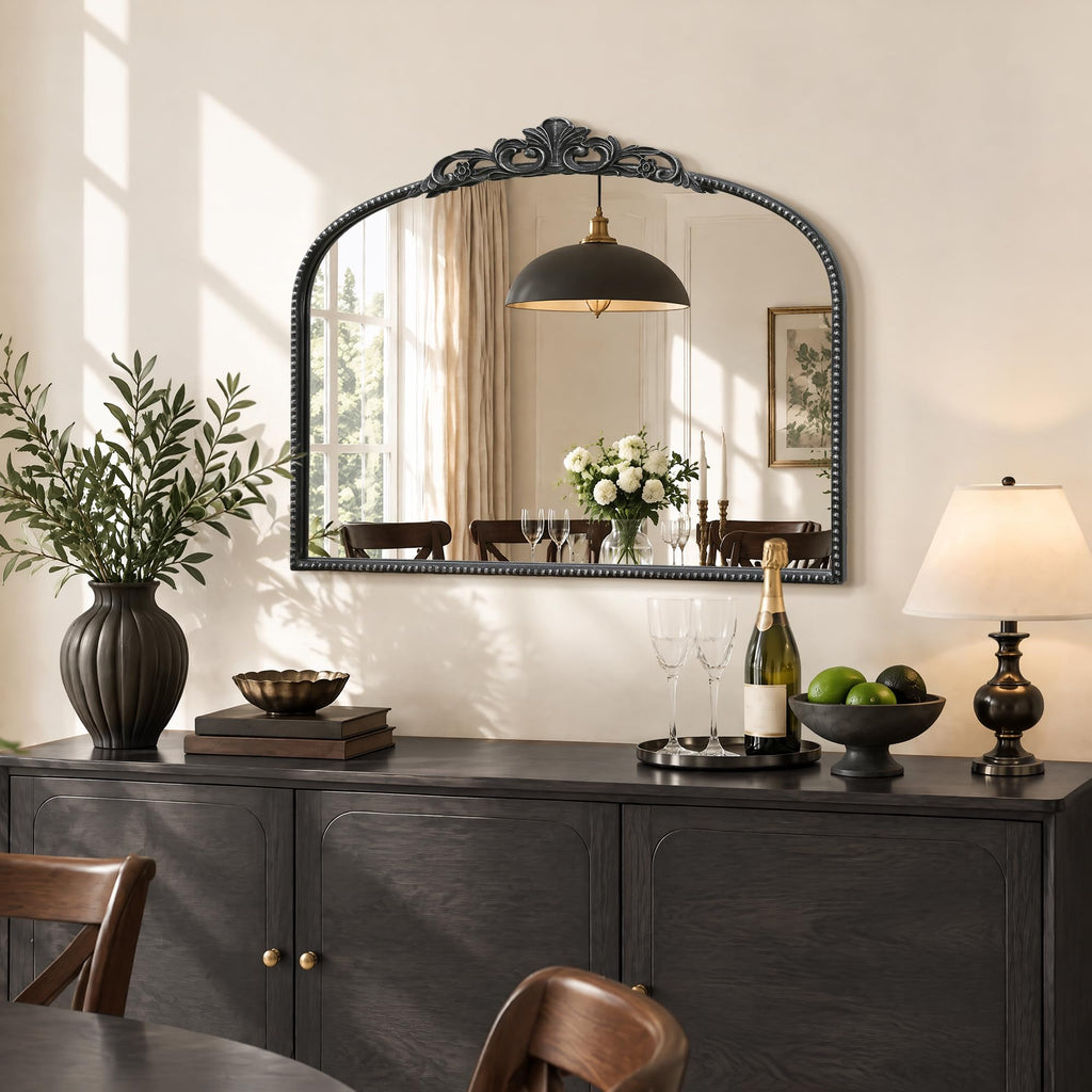 Vintage Black Arched Mirror: 32"x24" Baroque Antique Vanity Mirror
