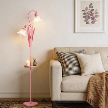 Pink Flower Floor Lamp with Table, Adjustable Floral Standing Lamp for Girl