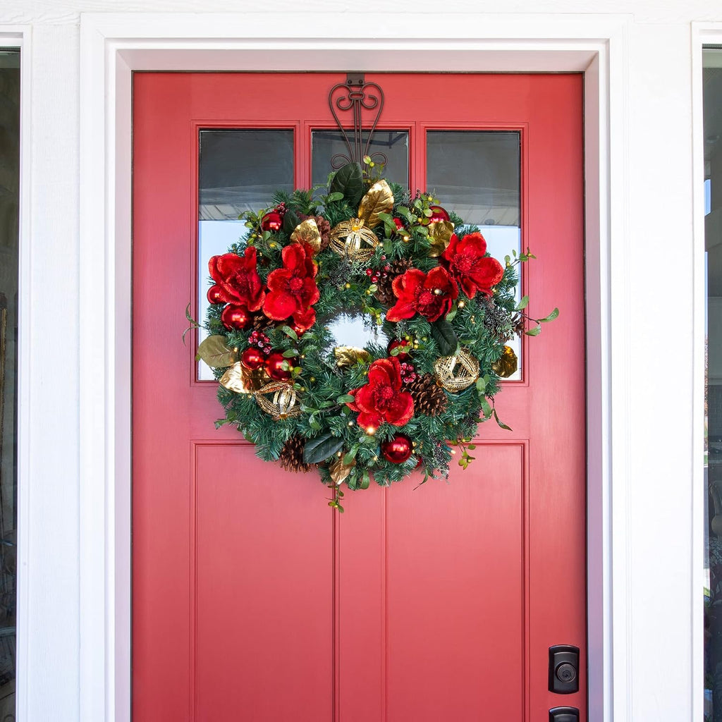 30 Inch Pre-Lit Artificial Christmas Wreath, Red Magnolia