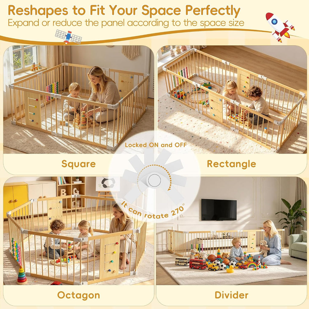 Foldable Wooden Baby Playpen, 58"x58"x24" Adjustable Shape & Size Playpen for Babies and Toddlers, Natural Pine Wood